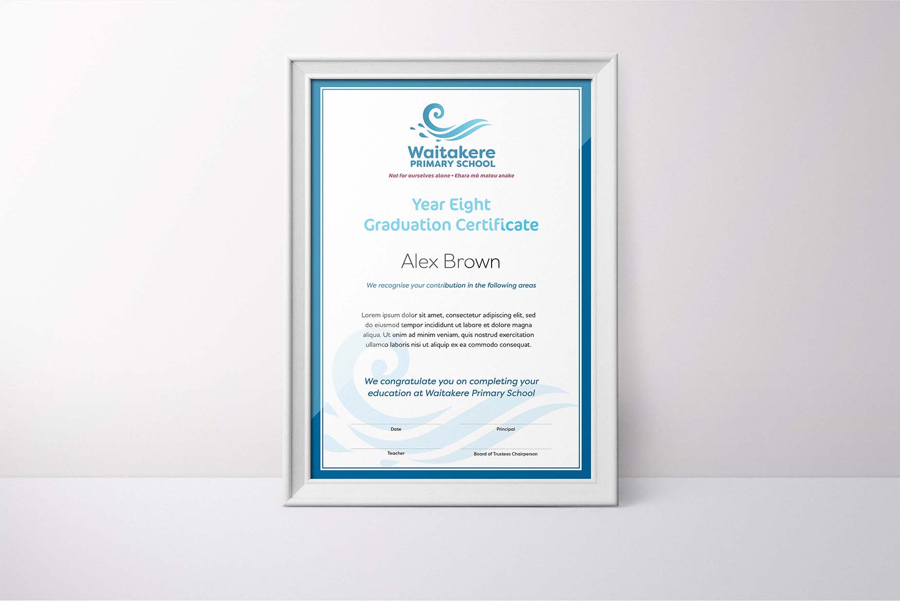 Waitakere Primary School Graduation Certificate Primary School Graduation Certificate Mockup in Frame