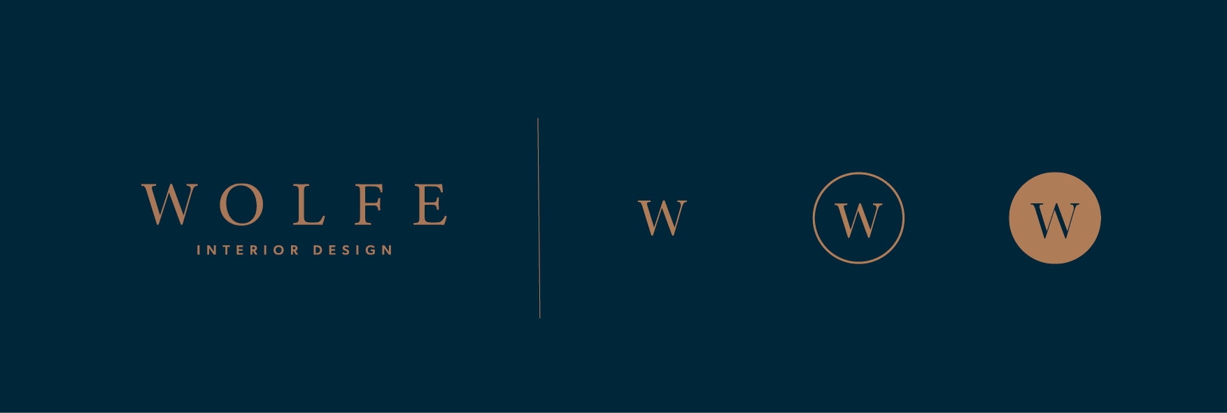 Wolfe Interior Design Logos Wolfe Interior Design logo and submarks in bronze on a dark navy blue background